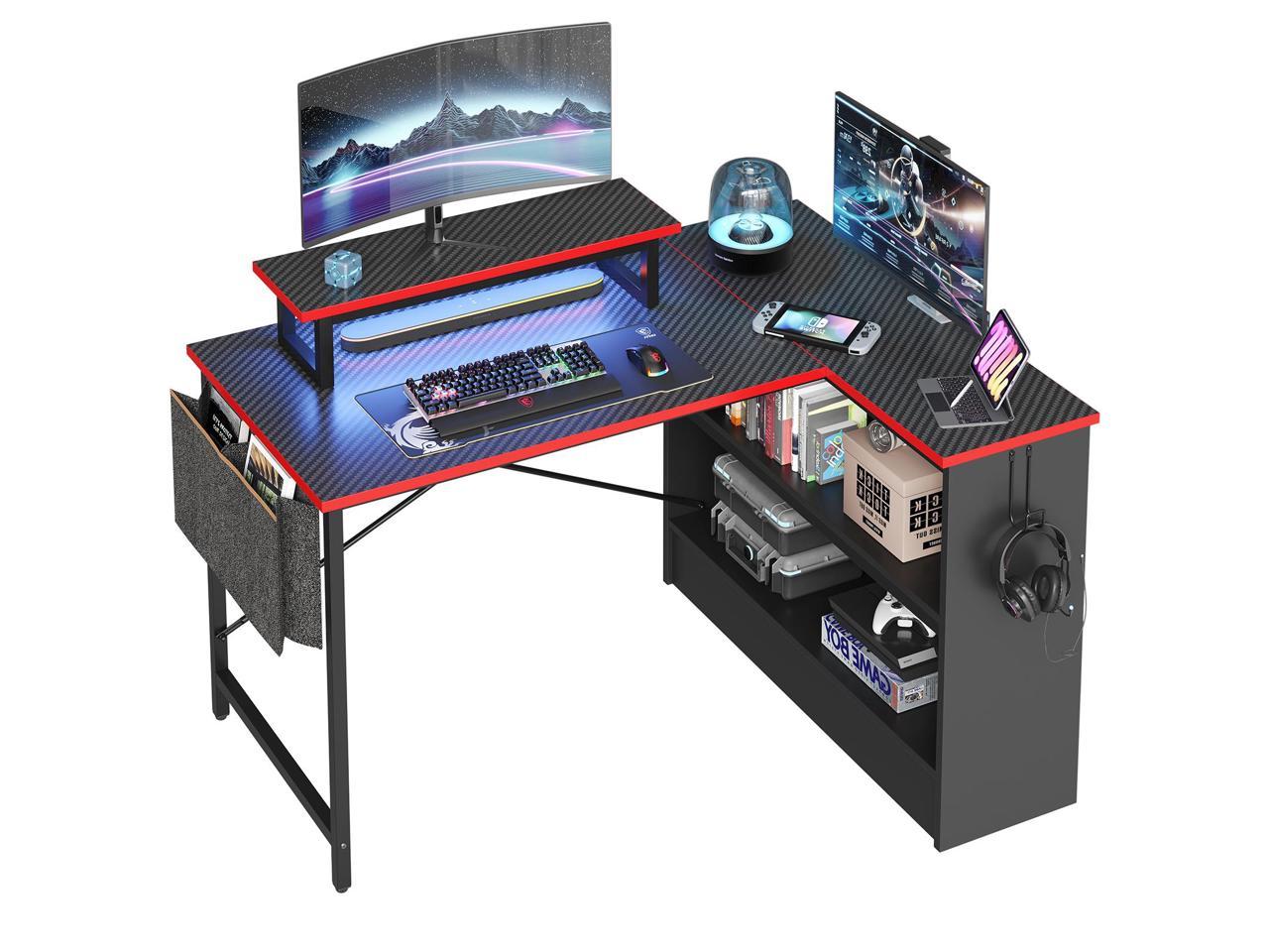 Bestier 42\" Open Cabinet Gaming Desk, L-Shaped Reversible Desk with Monitor Stand, RGB Light Strip, Side Pocket, and Headset Hook for Gaming and Working, Carbon Fiber Black&Red